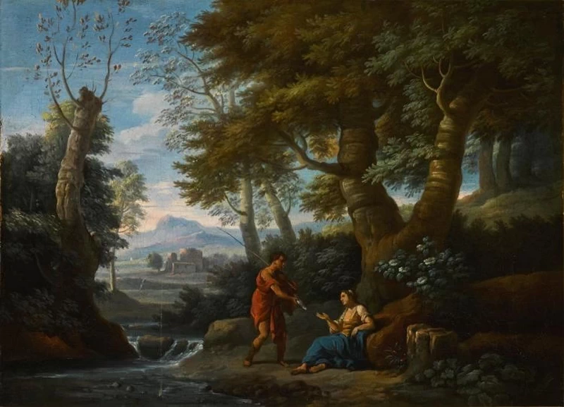 Paesaggio con un pescatore e una figura femminile presso un fiume
